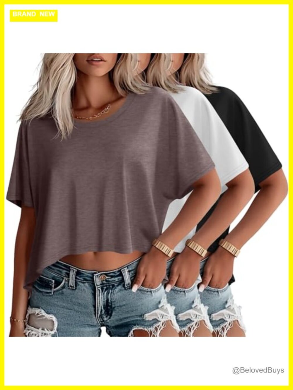 Oversized Cropped T-Shirts Crew Neck Short Sleeve Casual 3 Pack
